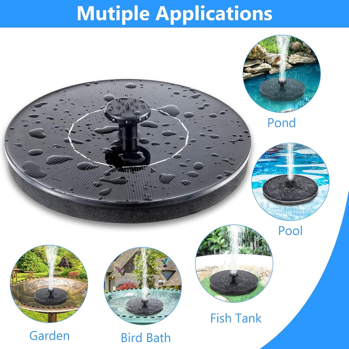 Evedior Solar Bird Bath Fountains, Upgrade 1.5W Solar Fountain Pump with 6 Nozzles, Free Standing Floating Solar Powered Water Fountain Pump for Bird Bath, Garden, Pond, Pool, Outdoor