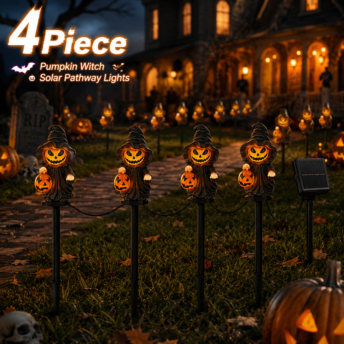 EVEDIOR 4-in-1 Solar Pumpkin Witch Pathway Lights, 4-Pack Connected Halloween Garden Stake Lights for Yard, Lawn & Walkway Decor