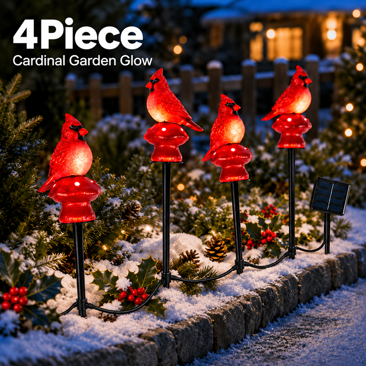 EVEDIOR 4-in-1 Solar Cardinal Bird Garden Lights, 4-Pack Connected Outdoor Halloween Yard Stake Lights for Pathway, Lawn & Garden Decor