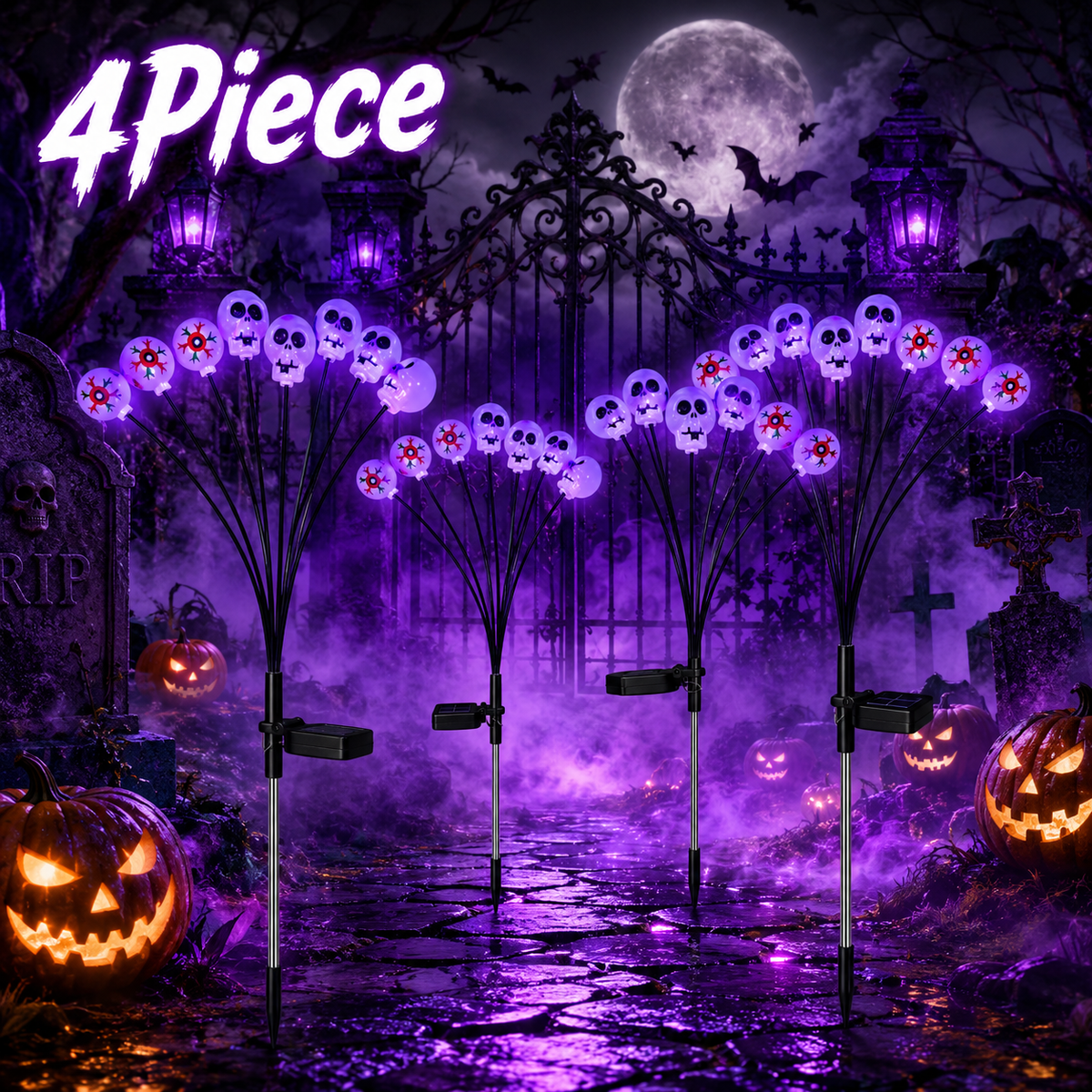 EVEDIOR 4-Pack 8-Head Solar Eyeball & Skull Lights, Purple Halloween Garden Stake Lights for Yard, Lawn & Pathway Decor