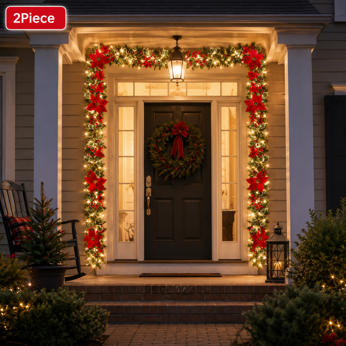 EVEDIOR 2-Pack 70.9 in Battery Operated Poinsettia Berry Garland Lights, IP55 Christmas Lighted Garland for Door, Porch & Outdoor Decor