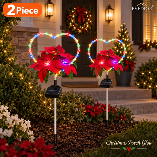 EVEDIOR 2-Pack 23.6 in Solar Heart-Shaped Poinsettia Christmas Lights, Multicolor Outdoor Garden Stake Lights for Pathway, Porch, Yard & Holiday Decor