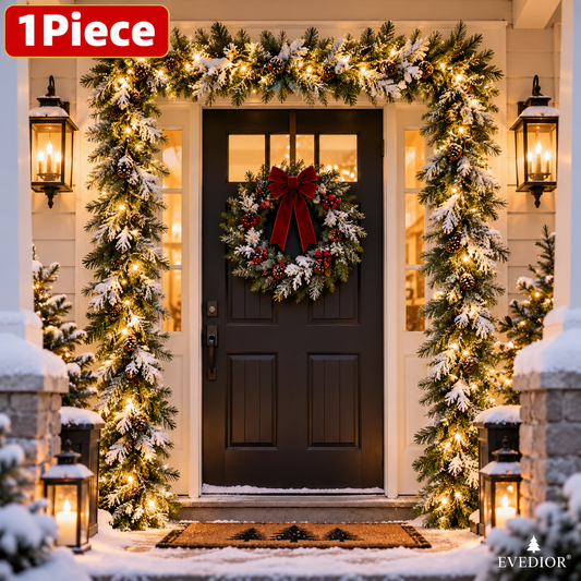 EVEDIOR 1-Piece 70 in Lighted Snowy Cedar Christmas Garland with Pinecones, Battery Operated 8-Mode Warm White Holiday Garland for Doorway, Porch, Mantel & Indoor Outdoor Decor