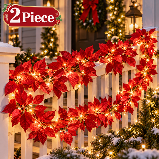EVEDIOR 2-Pack 70.9 in Solar Lighted Poinsettia Christmas Garland, Red Floral Warm White Garland Lights for Porch, Railing, Doorway & Outdoor Holiday Decor