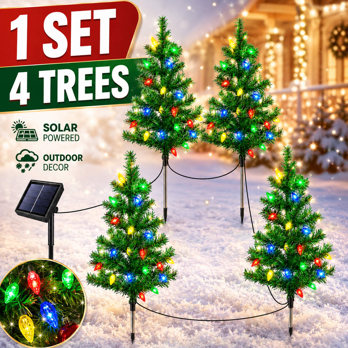 Evedio 4-in-1 Solar Strawberry Christmas Tree Lights | Festive Holiday Garden Collection (1 Set · 4 Trees)