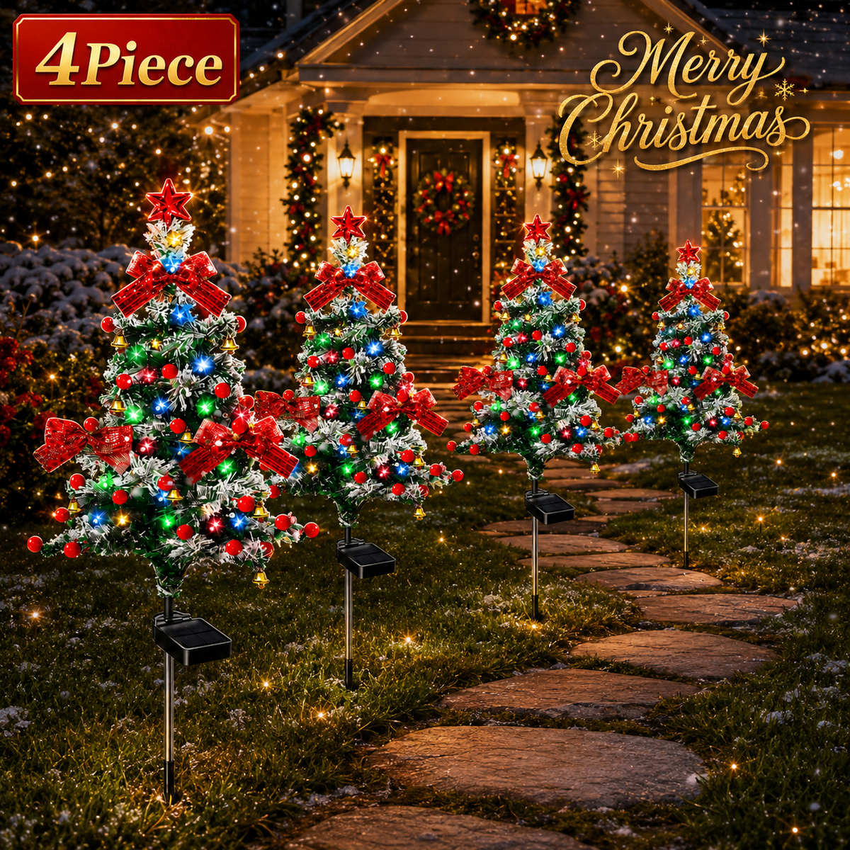 Set of four solar Christmas tree lights decorating a front walkway