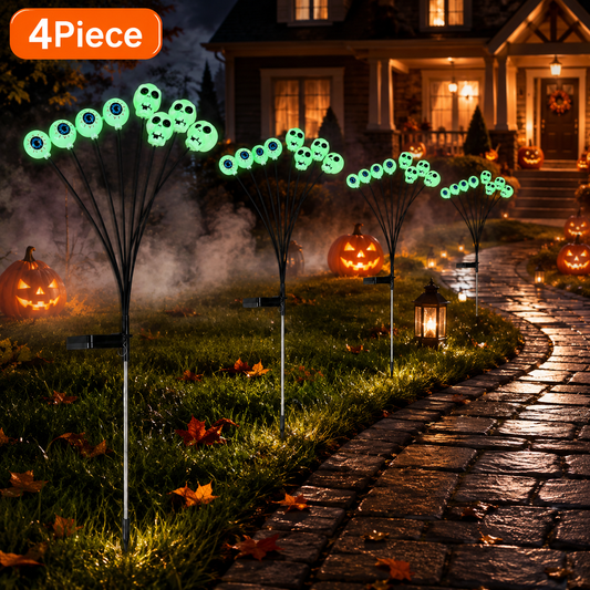 EVEDIOR 4-Pack 8-Head Solar Eyeball & Skull Lights, Green Halloween Garden Stake Lights for Yard, Lawn & Pathway Decor
