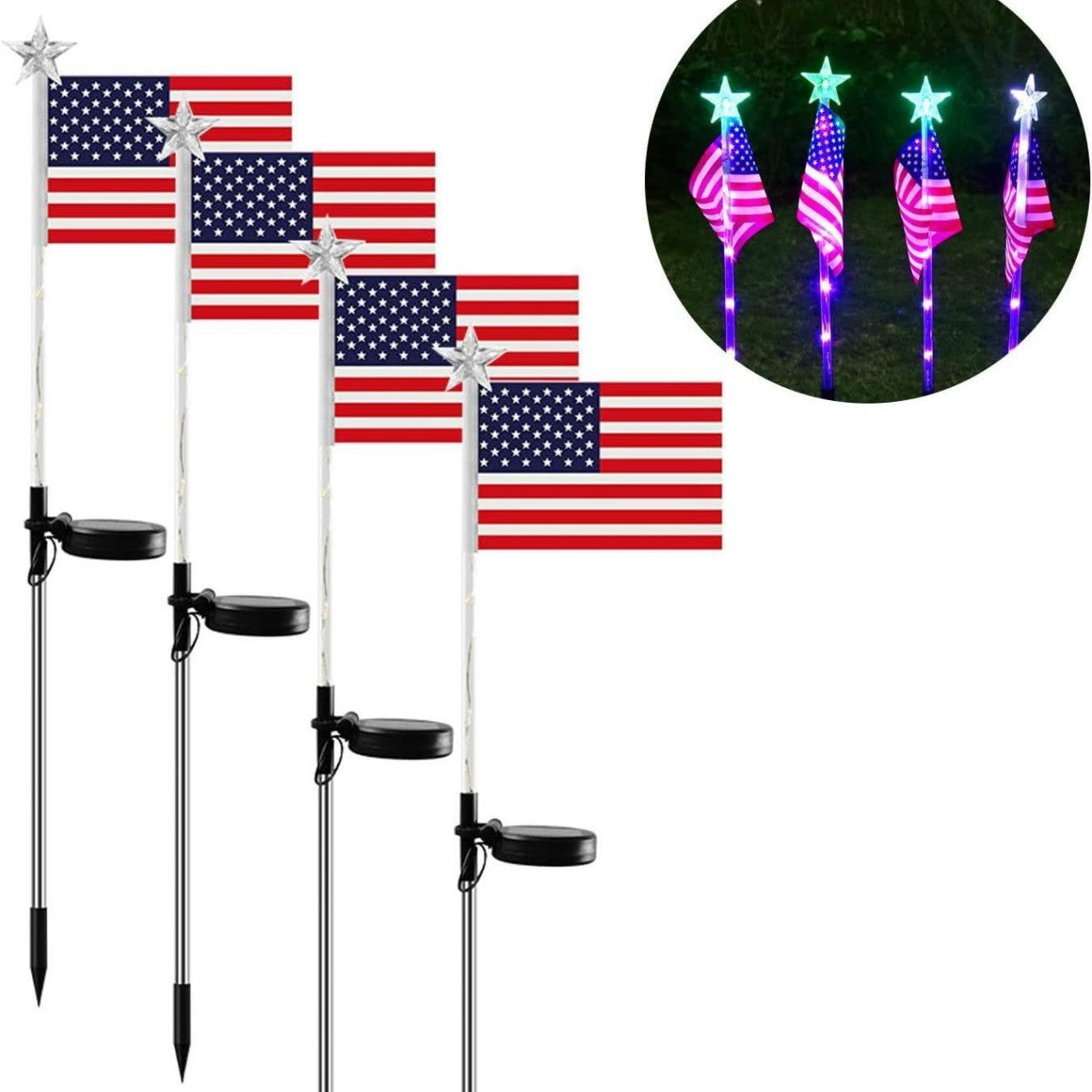 Evedior Solar Decorative Lights LED Outdoor Solar Lights America Flag Decorative Flags Patriotic Garden Flag Solar Landscaping Spotlights Solar Garden Lights Outdoor LED Flagpole Lights(4件套)