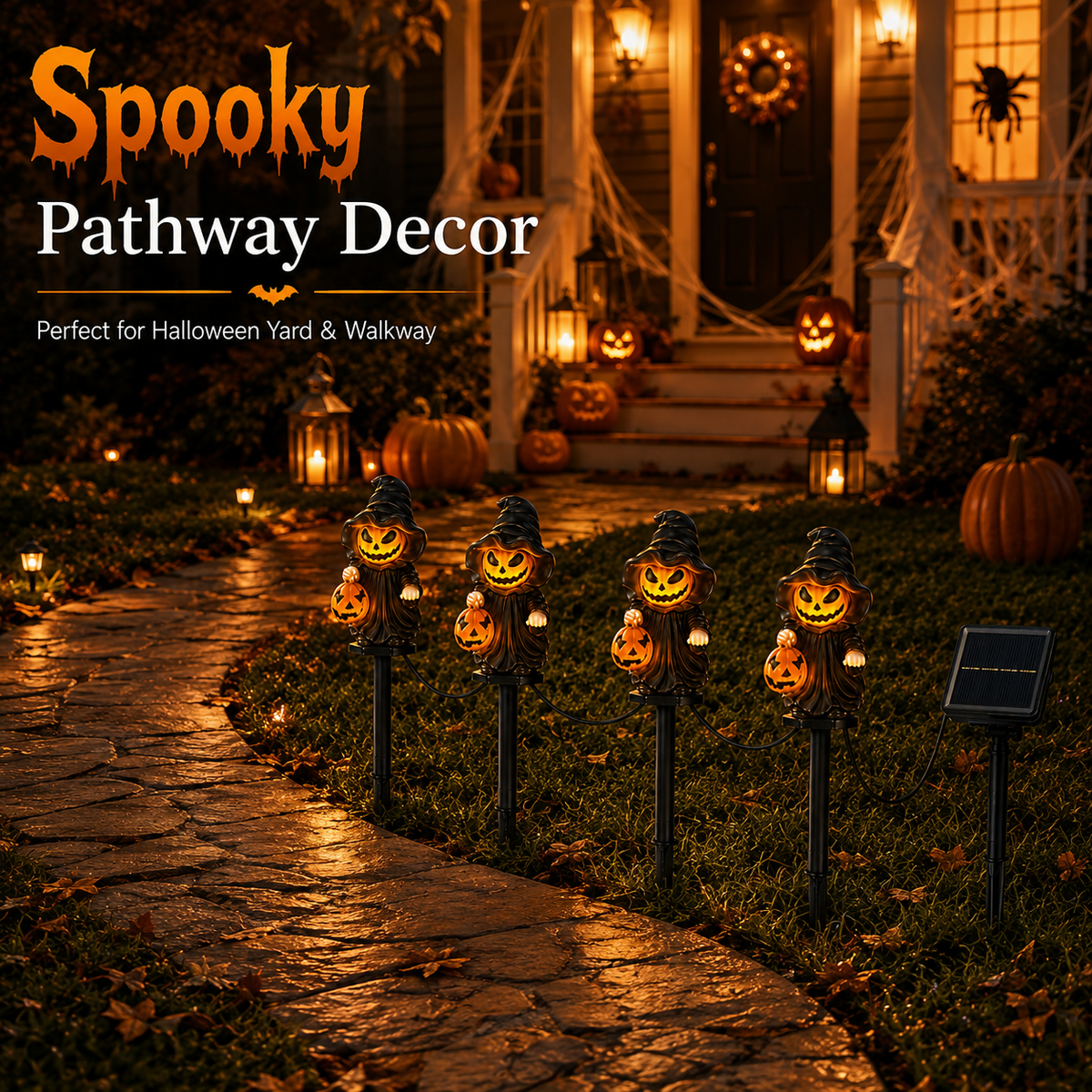EVEDIOR 4-in-1 Solar Pumpkin Witch Pathway Lights, 4-Pack Connected Halloween Garden Stake Lights for Yard, Lawn & Walkway Decor