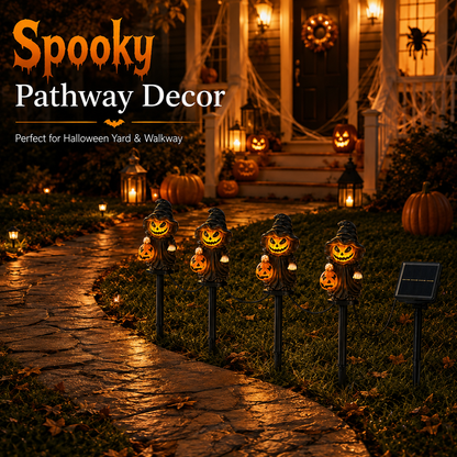 EVEDIOR 4-in-1 Solar Pumpkin Witch Pathway Lights, 4-Pack Connected Halloween Garden Stake Lights for Yard, Lawn & Walkway Decor
