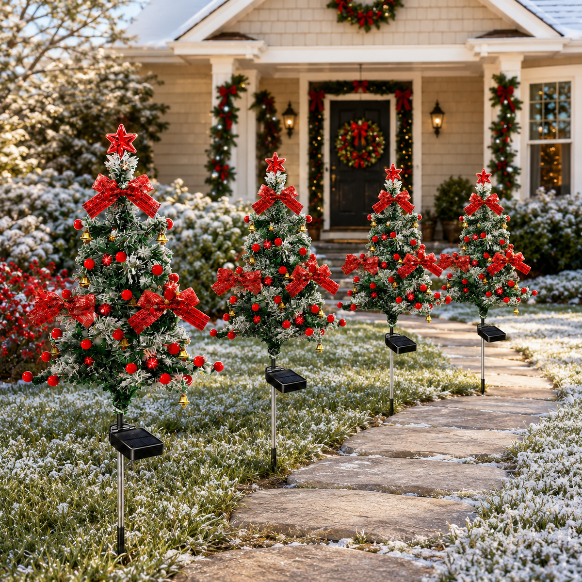 Four decorative Christmas tree stakes lining a snowy walkway