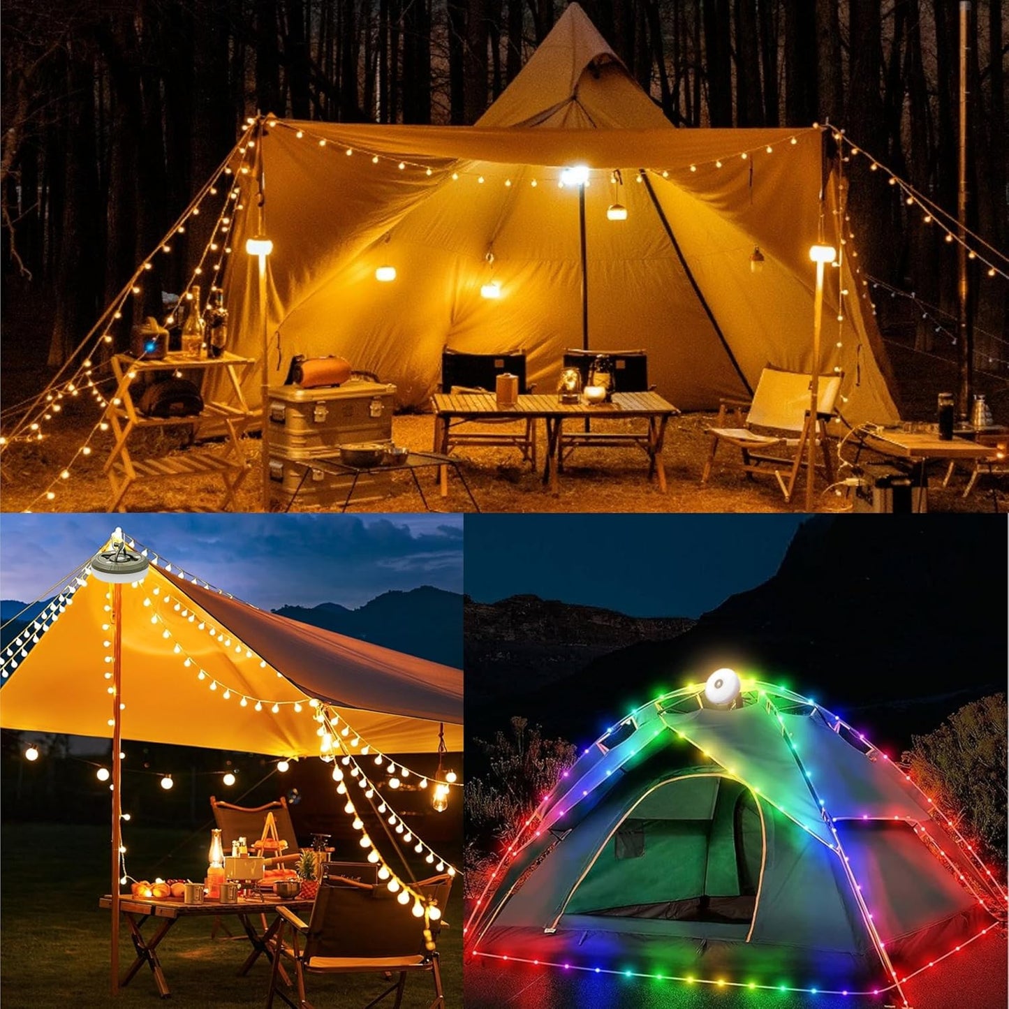 Evedior Rechargeable Camping Lantern with 32.8FT Tent String Lights（4-in-1）