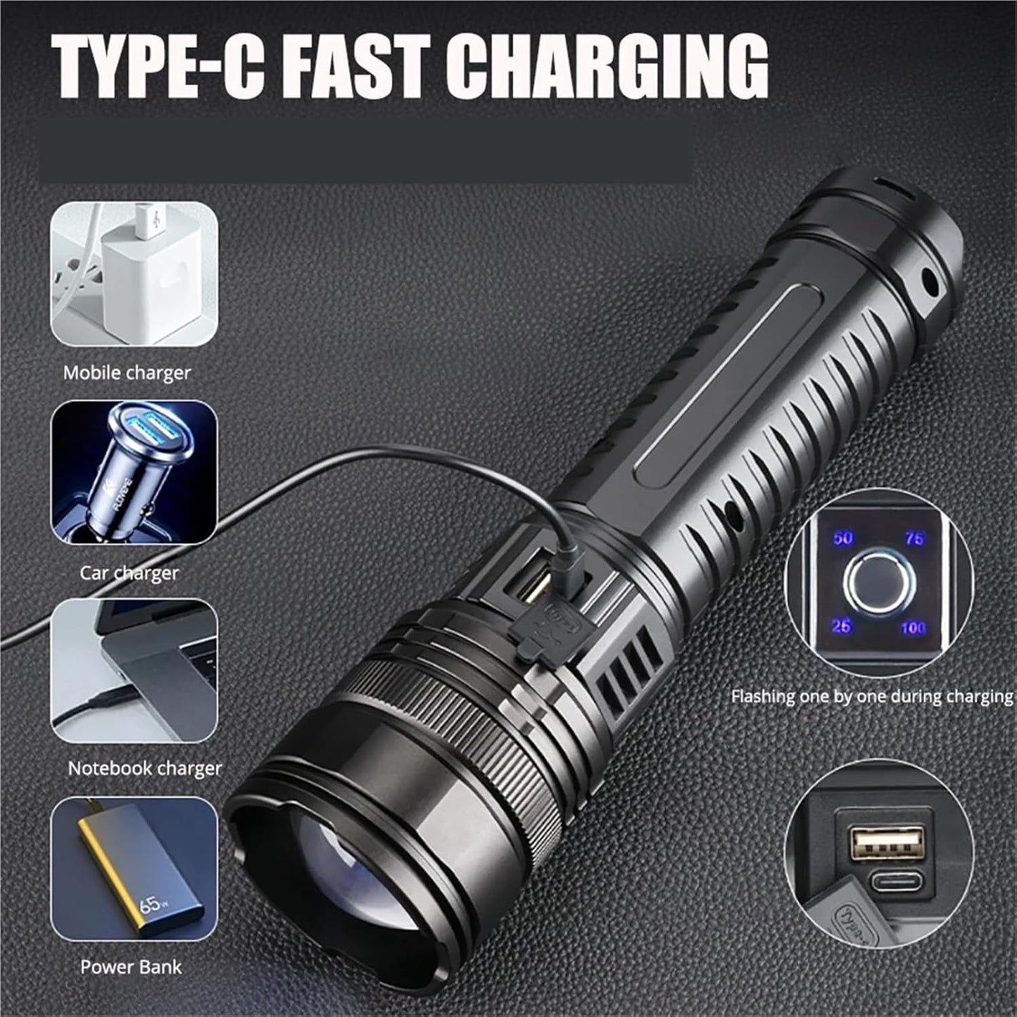 Evedio Rechargeable High-Power LED Flashlight, 5 Modes Zoomable Outdoor Flashlight with COB Side Light for Camping, Hiking & Emergency Use（1 Pack）