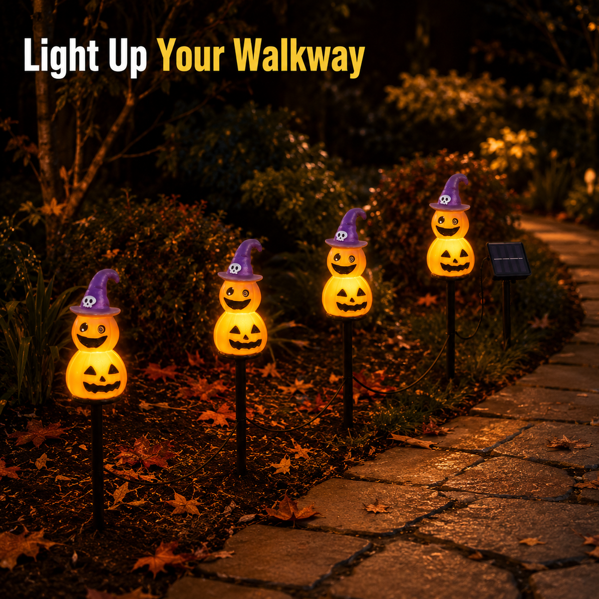 EVEDIOR 4-in-1 Solar Pumpkin Garden Lights, 4-Pack Halloween Outdoor Yard Stake Lights for Pathway, Lawn & Garden Decor