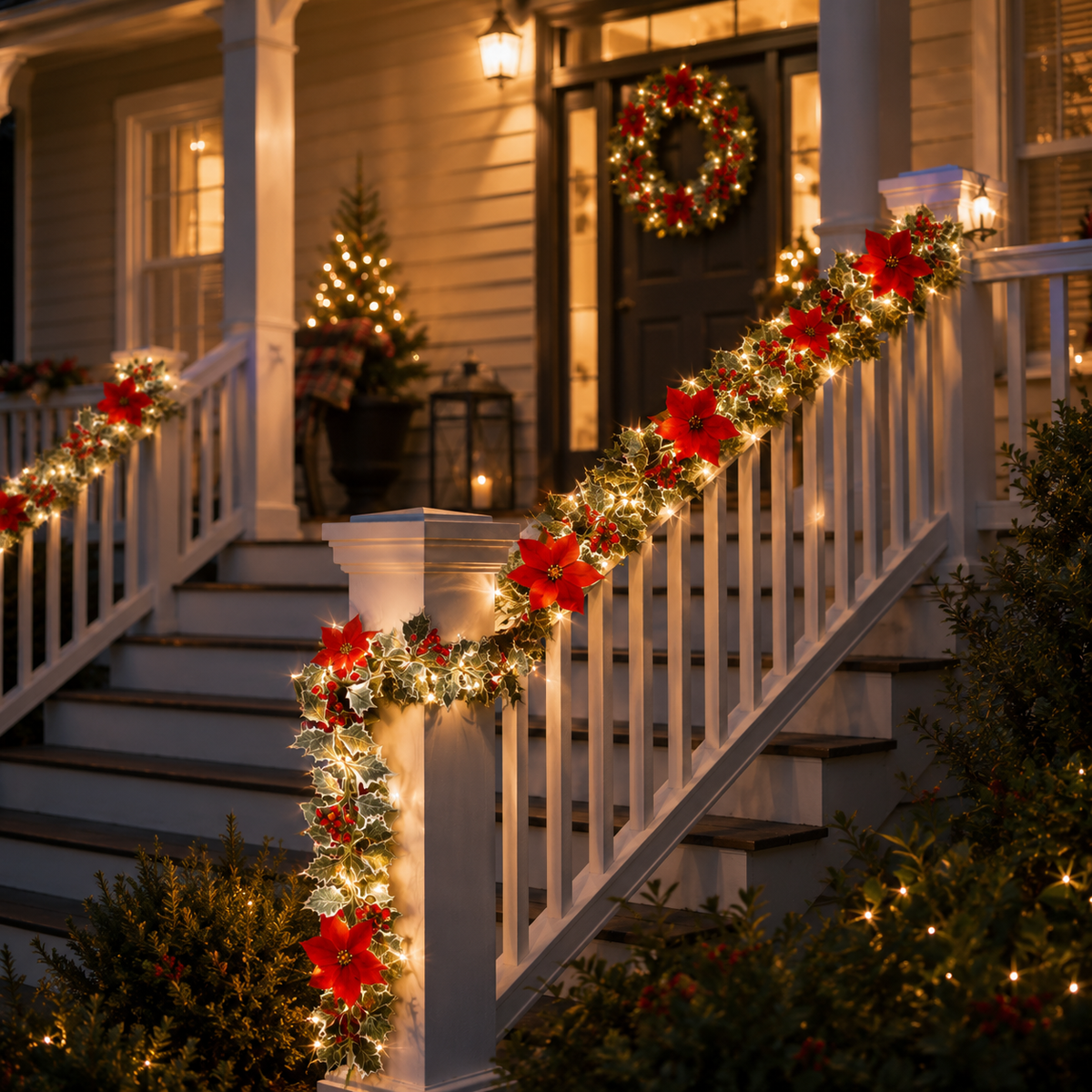 EVEDIOR 2-Pack 70.9 in Battery Operated Poinsettia Berry Garland Lights, IP55 Christmas Lighted Garland for Door, Porch & Outdoor Decor
