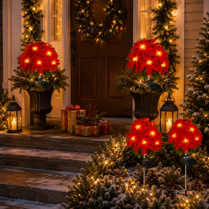 Evedio Solar Poinsettia Garden Lights | Christmas Outdoor Decor Collection (Set of 4)