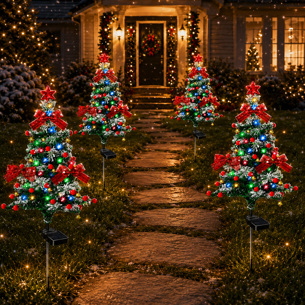 Four glowing solar Christmas trees illuminating a pathway at night