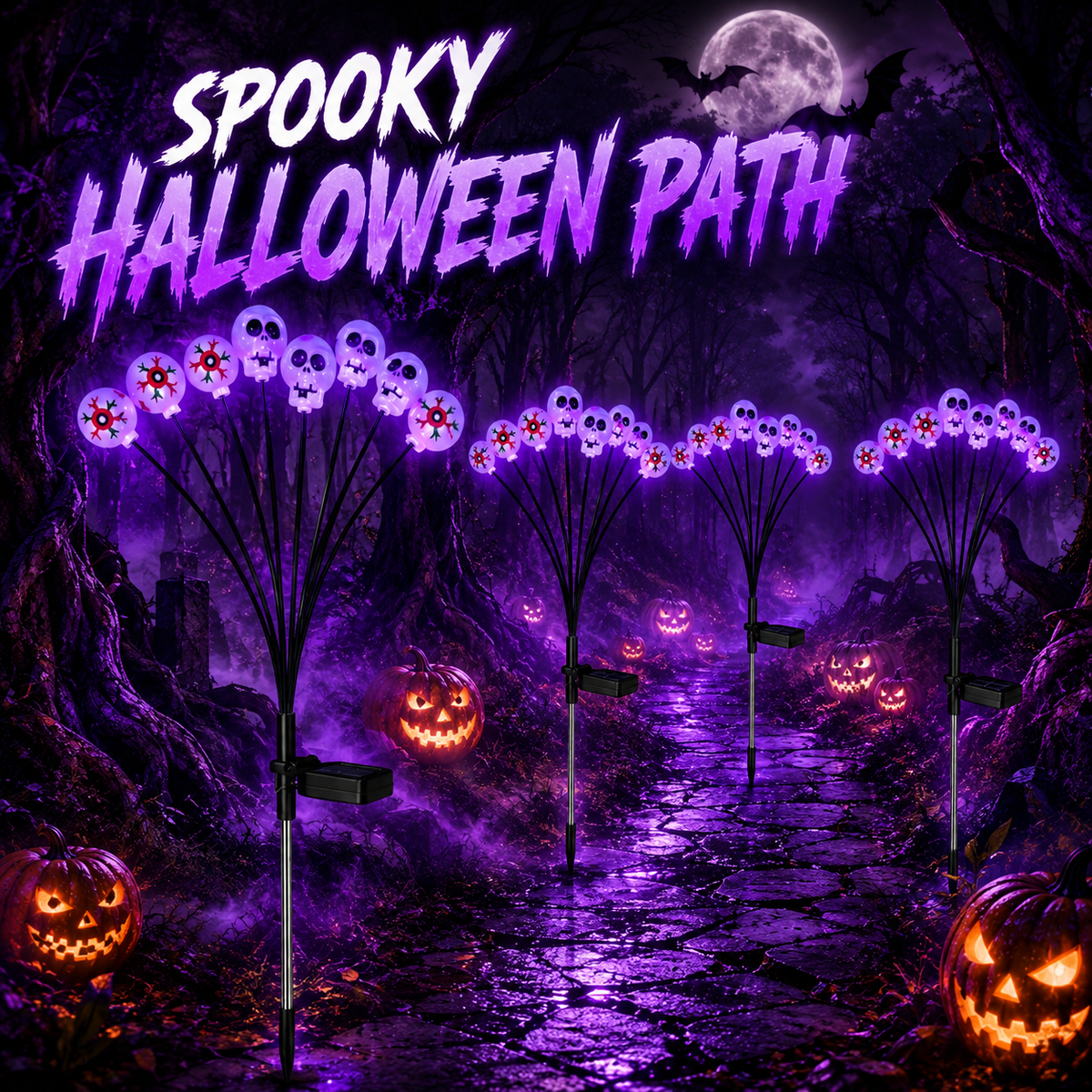 EVEDIOR 4-Pack 8-Head Solar Eyeball & Skull Lights, Purple Halloween Garden Stake Lights for Yard, Lawn & Pathway Decor