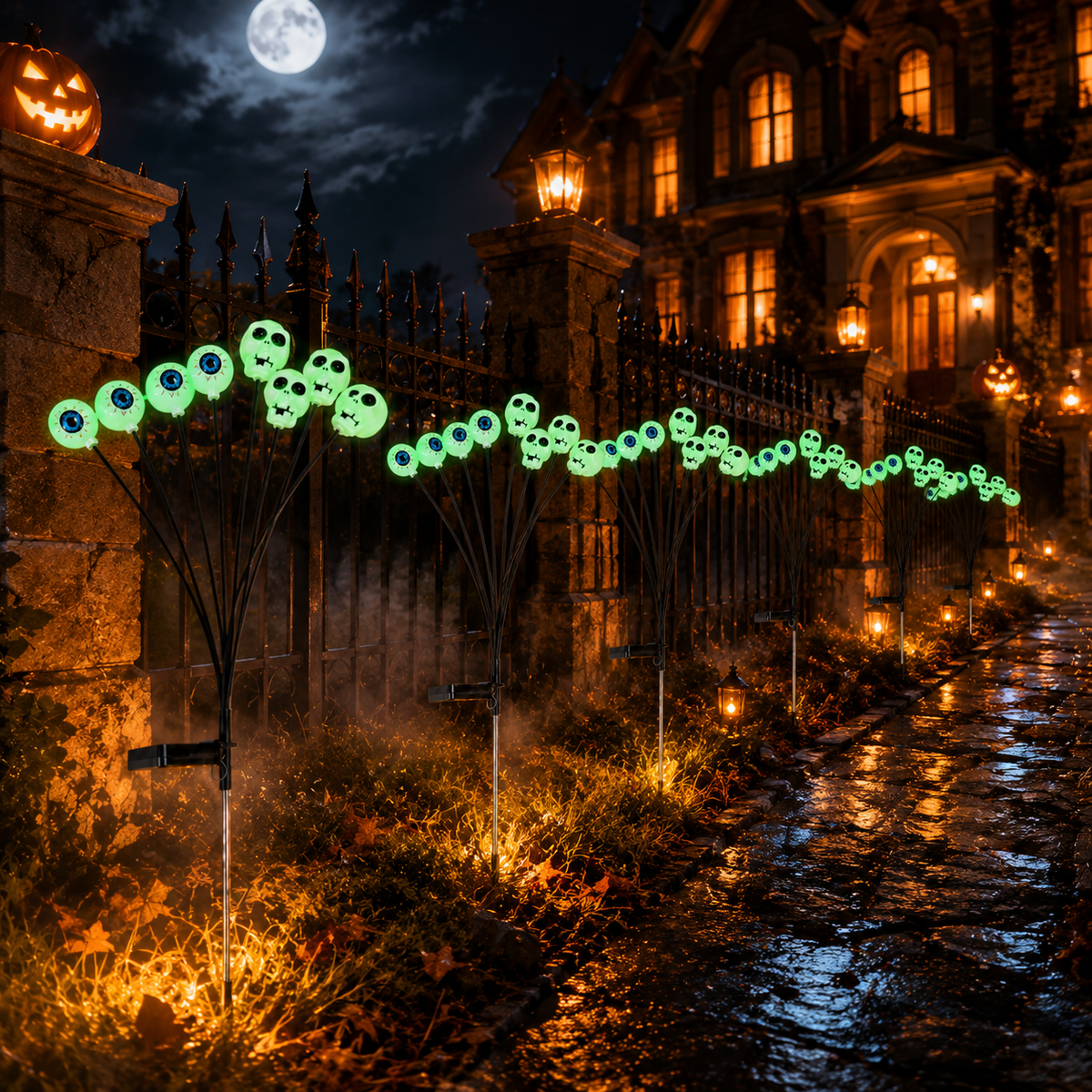 EVEDIOR 4-Pack 8-Head Solar Eyeball & Skull Lights, Green Halloween Garden Stake Lights for Yard, Lawn & Pathway Decor