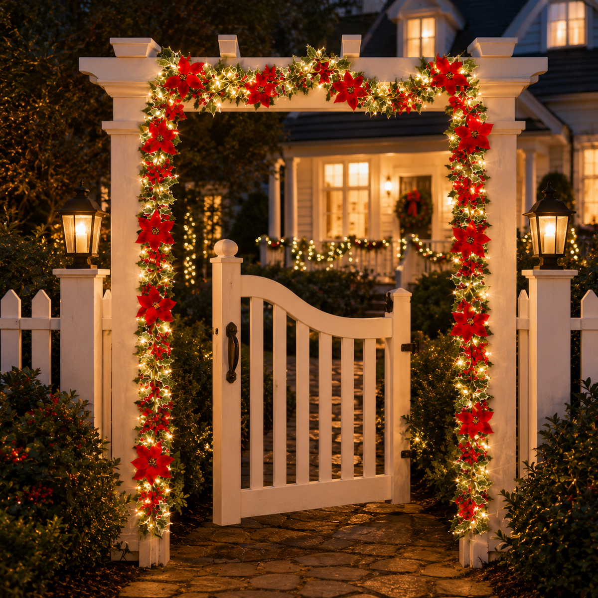 EVEDIOR 2-Pack 70.9 in Battery Operated Poinsettia Berry Garland Lights, IP55 Christmas Lighted Garland for Door, Porch & Outdoor Decor