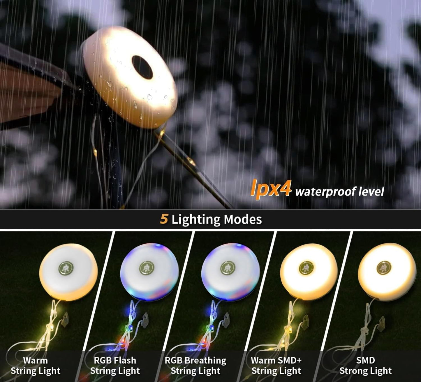Evedior Rechargeable Camping Lantern with 32.8FT Tent String Lights（4-in-1）