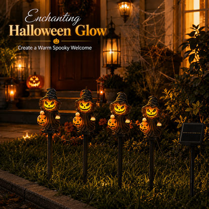 EVEDIOR 4-in-1 Solar Pumpkin Witch Pathway Lights, 4-Pack Connected Halloween Garden Stake Lights for Yard, Lawn & Walkway Decor