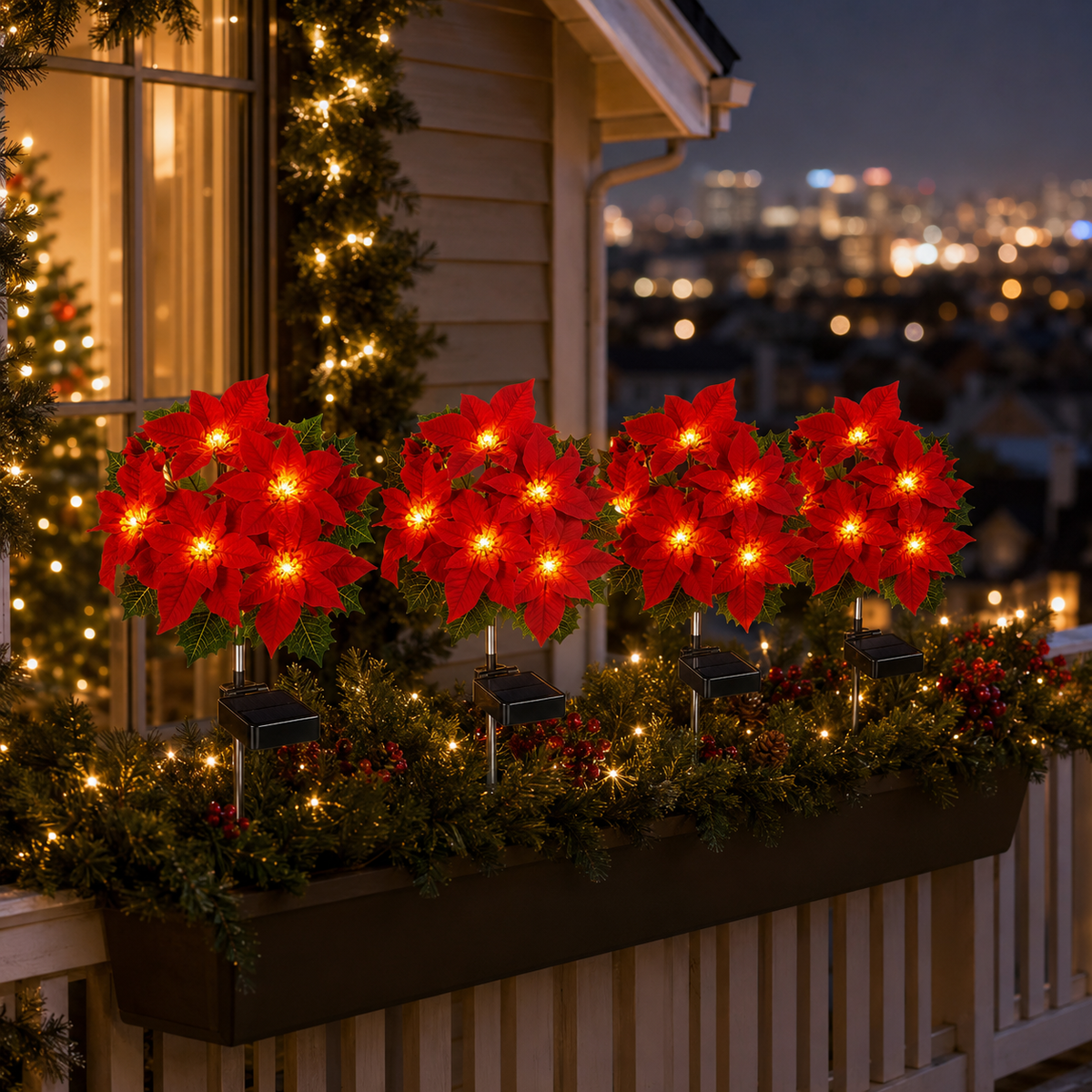 Evedio Solar Poinsettia Garden Lights | Christmas Outdoor Decor Collection (Set of 4)