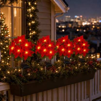 Evedio Solar Poinsettia Garden Lights | Christmas Outdoor Decor Collection (Set of 4)