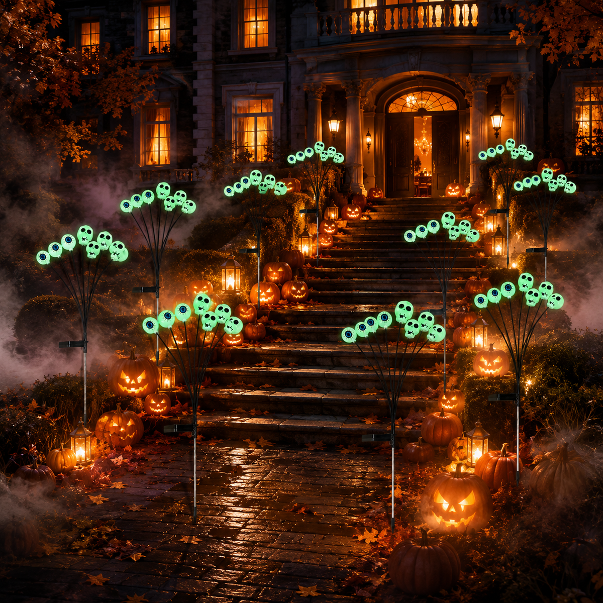 EVEDIOR 4-Pack 8-Head Solar Eyeball & Skull Lights, Green Halloween Garden Stake Lights for Yard, Lawn & Pathway Decor