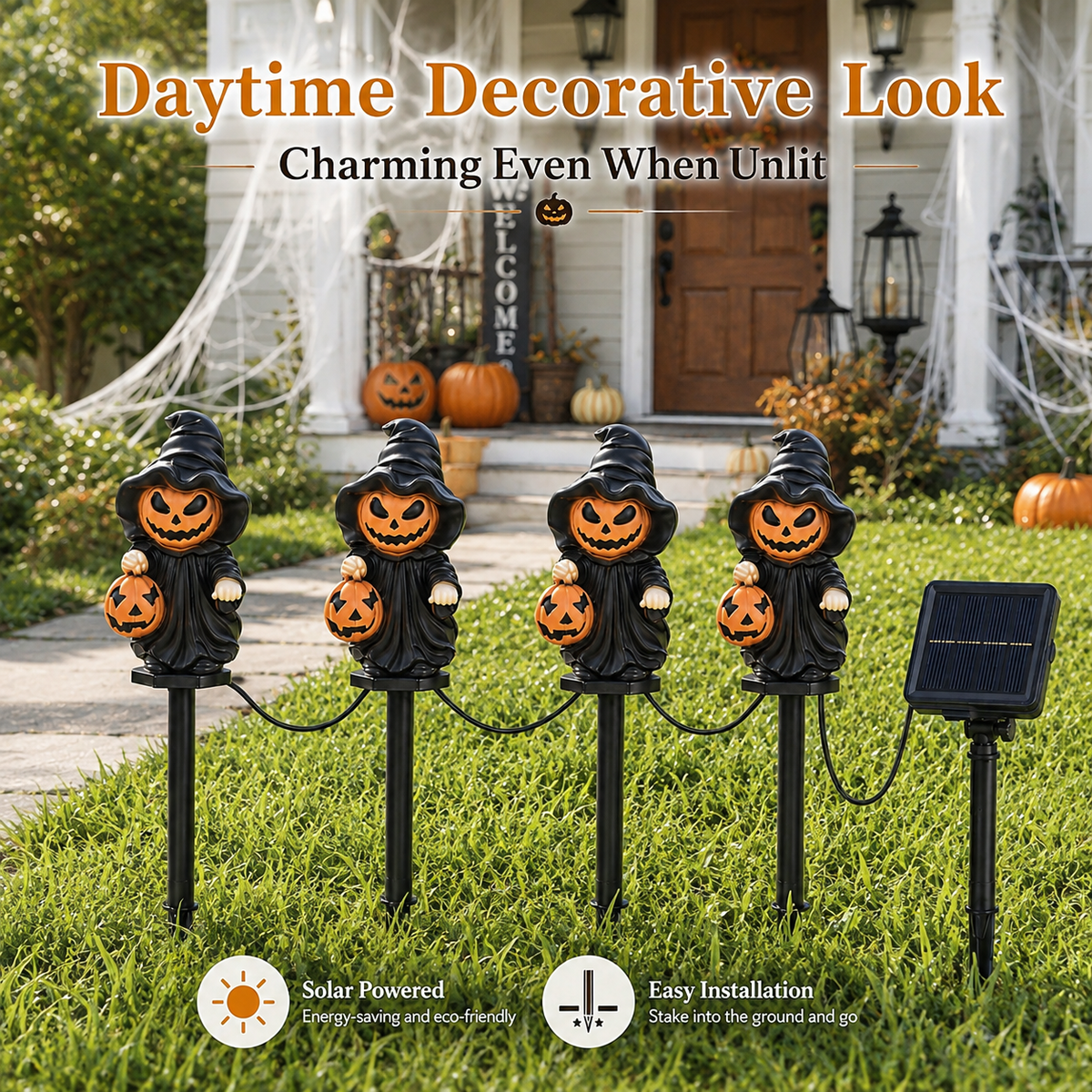 EVEDIOR 4-in-1 Solar Pumpkin Witch Pathway Lights, 4-Pack Connected Halloween Garden Stake Lights for Yard, Lawn & Walkway Decor