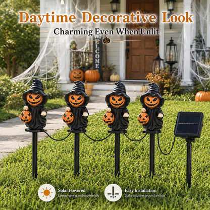 EVEDIOR 4-in-1 Solar Pumpkin Witch Pathway Lights, 4-Pack Connected Halloween Garden Stake Lights for Yard, Lawn & Walkway Decor