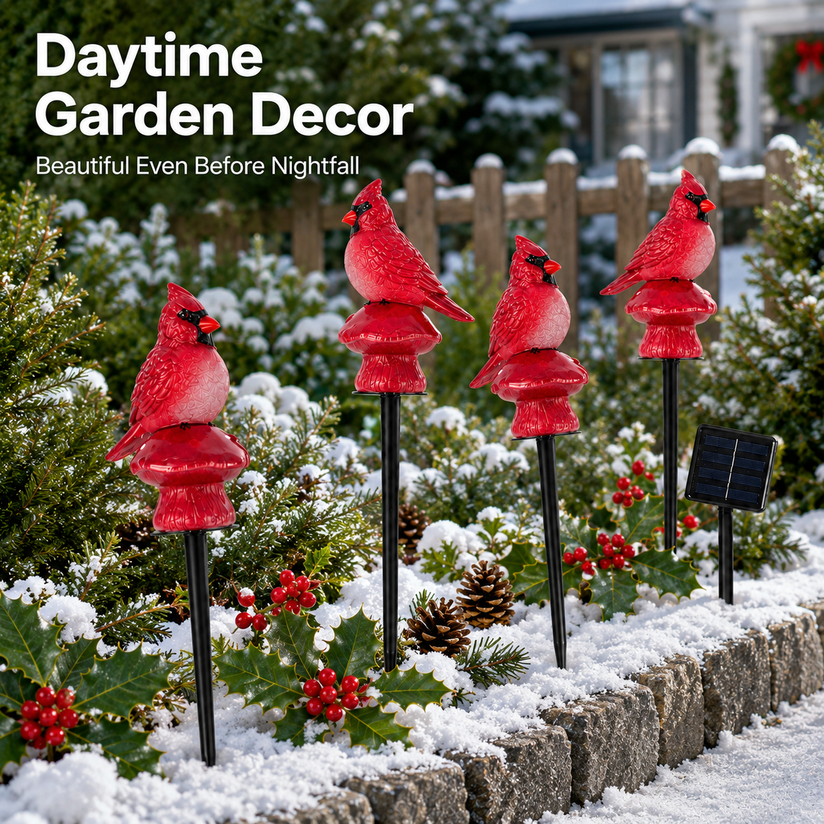 EVEDIOR 4-in-1 Solar Cardinal Bird Garden Lights, 4-Pack Connected Outdoor Halloween Yard Stake Lights for Pathway, Lawn & Garden Decor