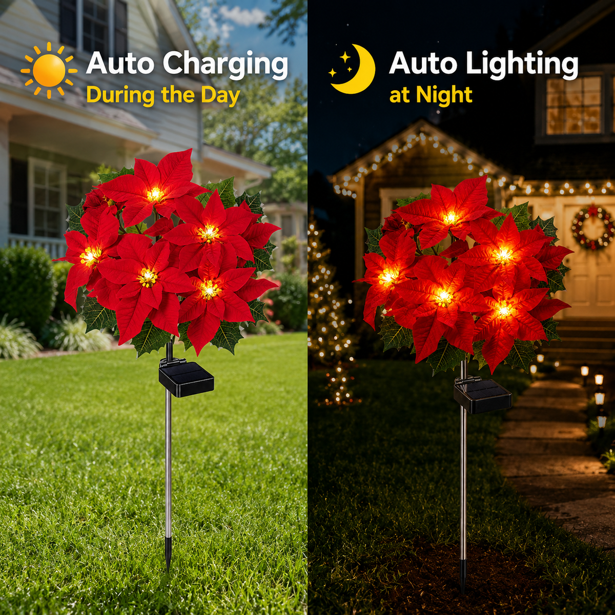 Evedio Solar Poinsettia Garden Lights | Christmas Outdoor Decor Collection (Set of 4)