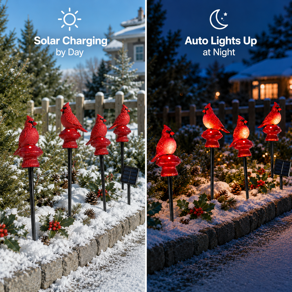 EVEDIOR 4-in-1 Solar Cardinal Bird Garden Lights, 4-Pack Connected Outdoor Halloween Yard Stake Lights for Pathway, Lawn & Garden Decor