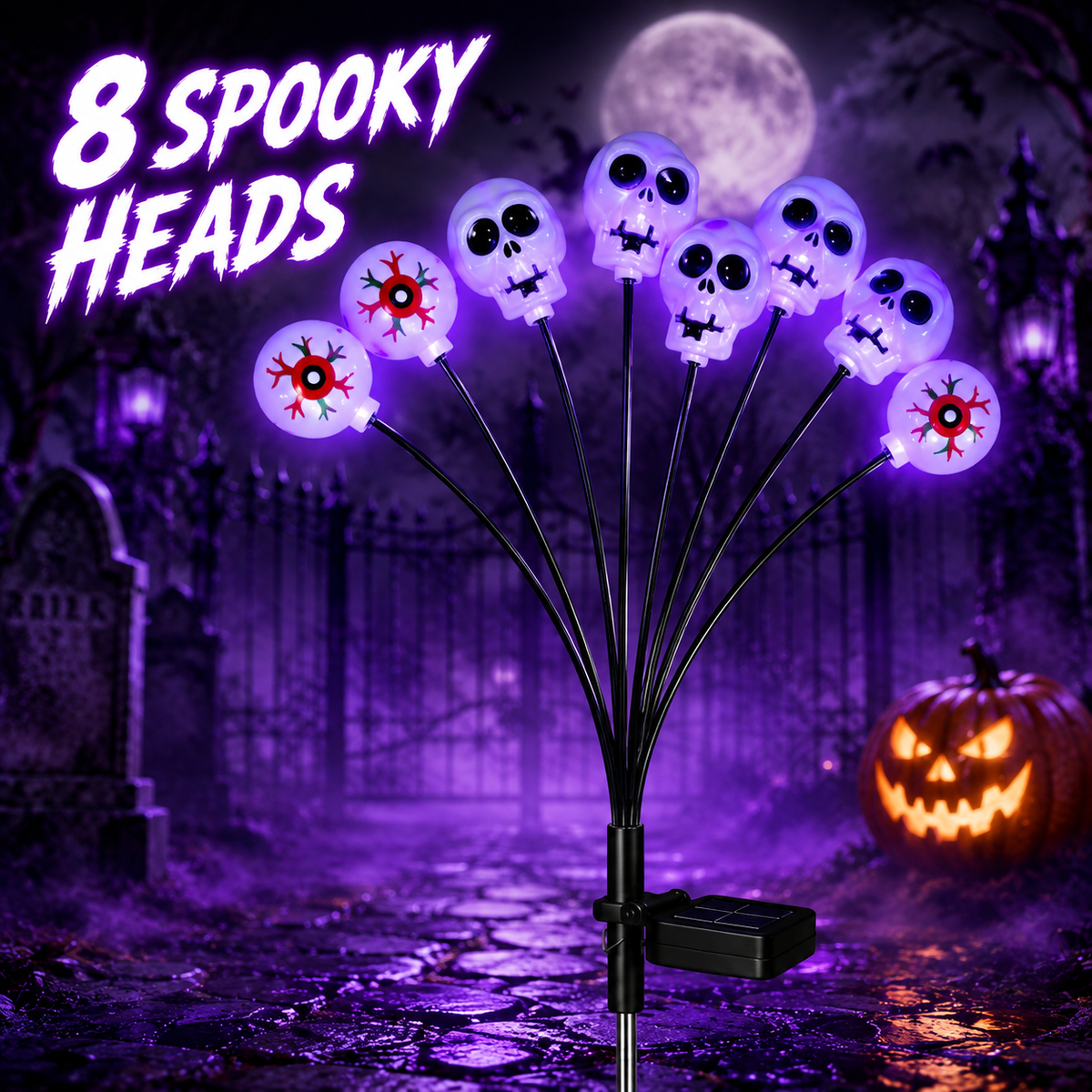 EVEDIOR 4-Pack 8-Head Solar Eyeball & Skull Lights, Purple Halloween Garden Stake Lights for Yard, Lawn & Pathway Decor