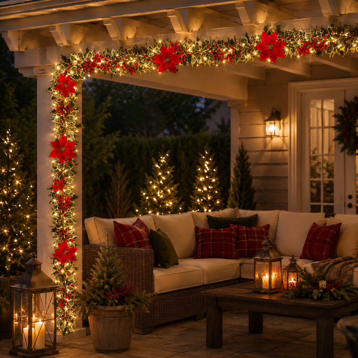 EVEDIOR 2-Pack 70.9 in Battery Operated Poinsettia Berry Garland Lights, IP55 Christmas Lighted Garland for Door, Porch & Outdoor Decor