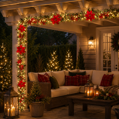 EVEDIOR 2-Pack 70.9 in Battery Operated Poinsettia Berry Garland Lights, IP55 Christmas Lighted Garland for Door, Porch & Outdoor Decor