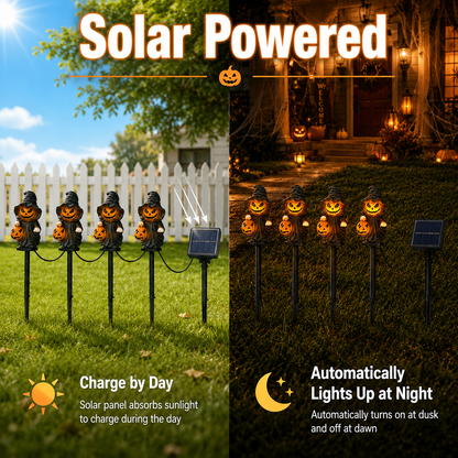 EVEDIOR 4-in-1 Solar Pumpkin Witch Pathway Lights, 4-Pack Connected Halloween Garden Stake Lights for Yard, Lawn & Walkway Decor
