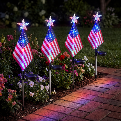 Evedior Solar Decorative Lights LED Outdoor Solar Lights America Flag Decorative Flags Patriotic Garden Flag Solar Landscaping Spotlights Solar Garden Lights Outdoor LED Flagpole Lights(4件套)