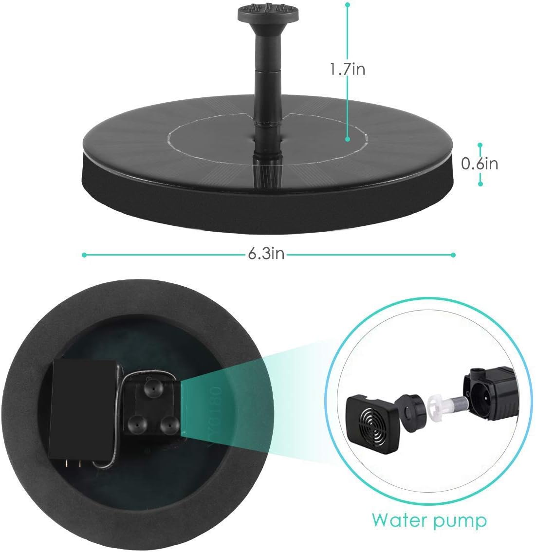 Evedior Solar Bird Bath Fountains, Upgrade 1.5W Solar Fountain Pump with 6 Nozzles, Free Standing Floating Solar Powered Water Fountain Pump for Bird Bath, Garden, Pond, Pool, Outdoor