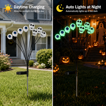 EVEDIOR 4-Pack 8-Head Solar Eyeball & Skull Lights, Green Halloween Garden Stake Lights for Yard, Lawn & Pathway Decor