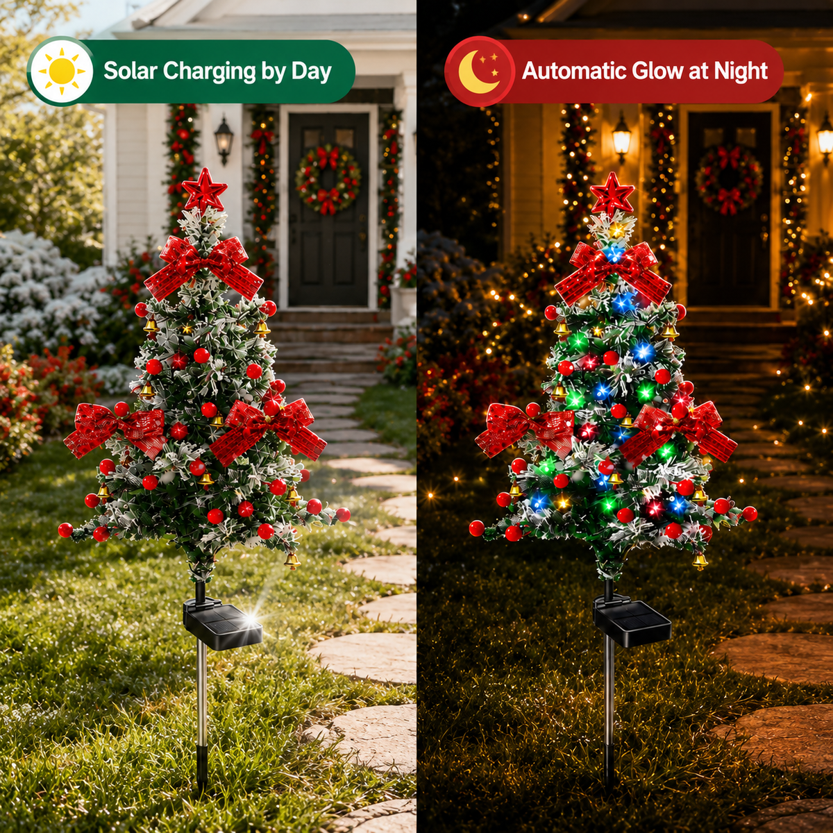 Evedio Solar Cedar Christmas Tree Lights | Festive Outdoor Holiday Collection (Set of 4)