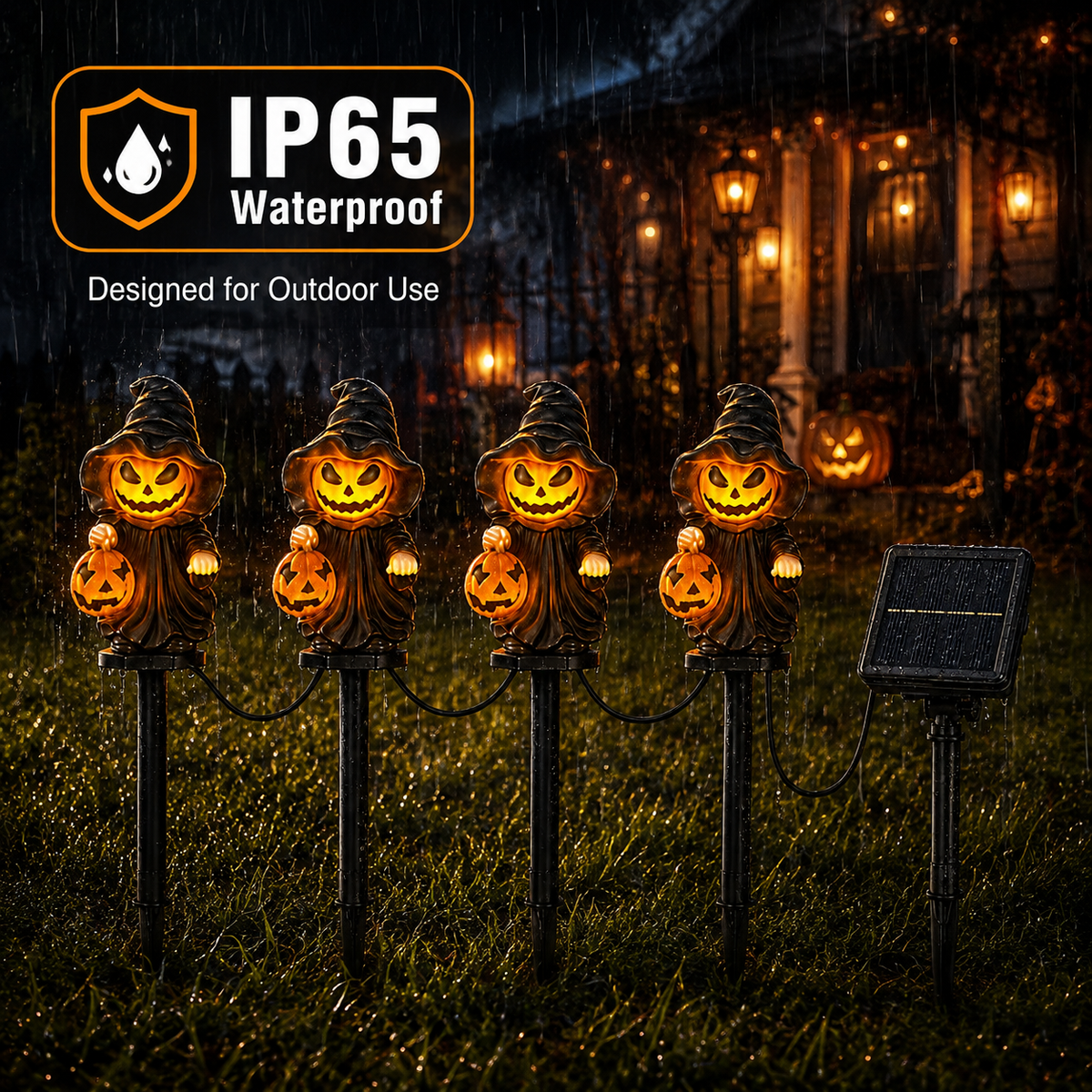 EVEDIOR 4-in-1 Solar Pumpkin Witch Pathway Lights, 4-Pack Connected Halloween Garden Stake Lights for Yard, Lawn & Walkway Decor