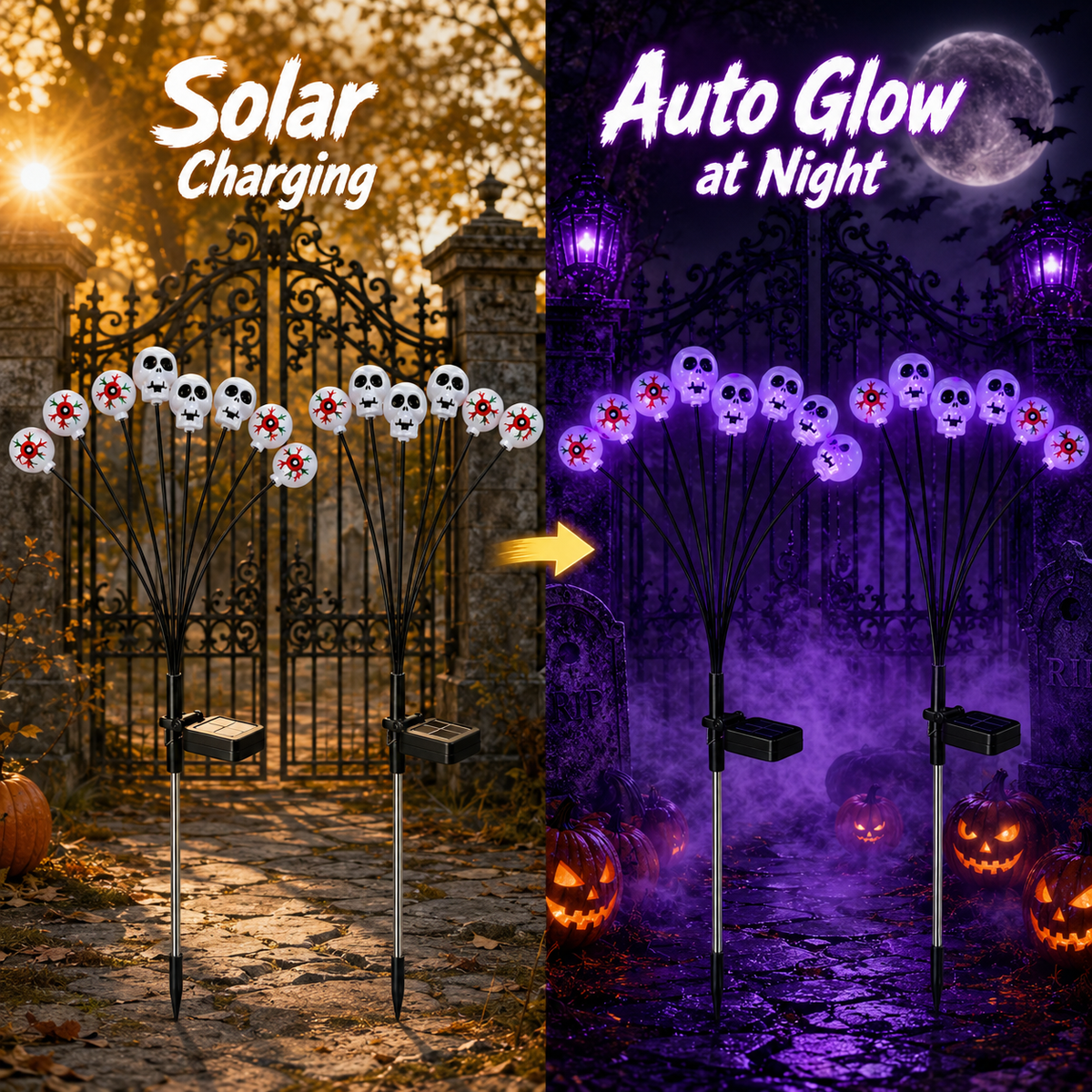 EVEDIOR 4-Pack 8-Head Solar Eyeball & Skull Lights, Purple Halloween Garden Stake Lights for Yard, Lawn & Pathway Decor