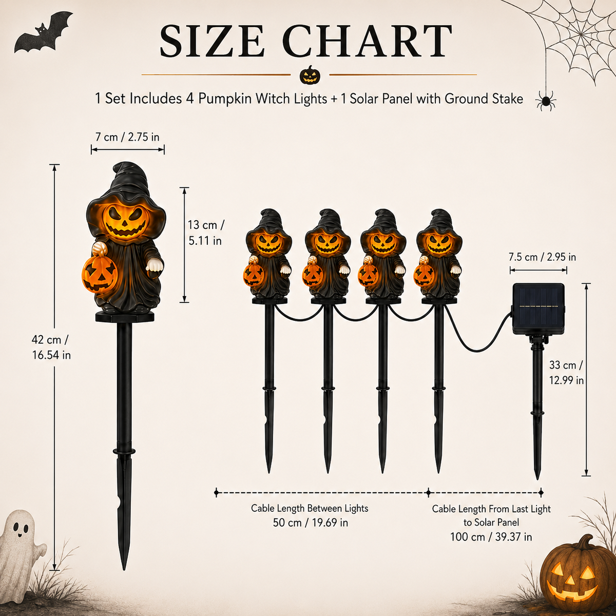 EVEDIOR 4-in-1 Solar Pumpkin Witch Pathway Lights, 4-Pack Connected Halloween Garden Stake Lights for Yard, Lawn & Walkway Decor