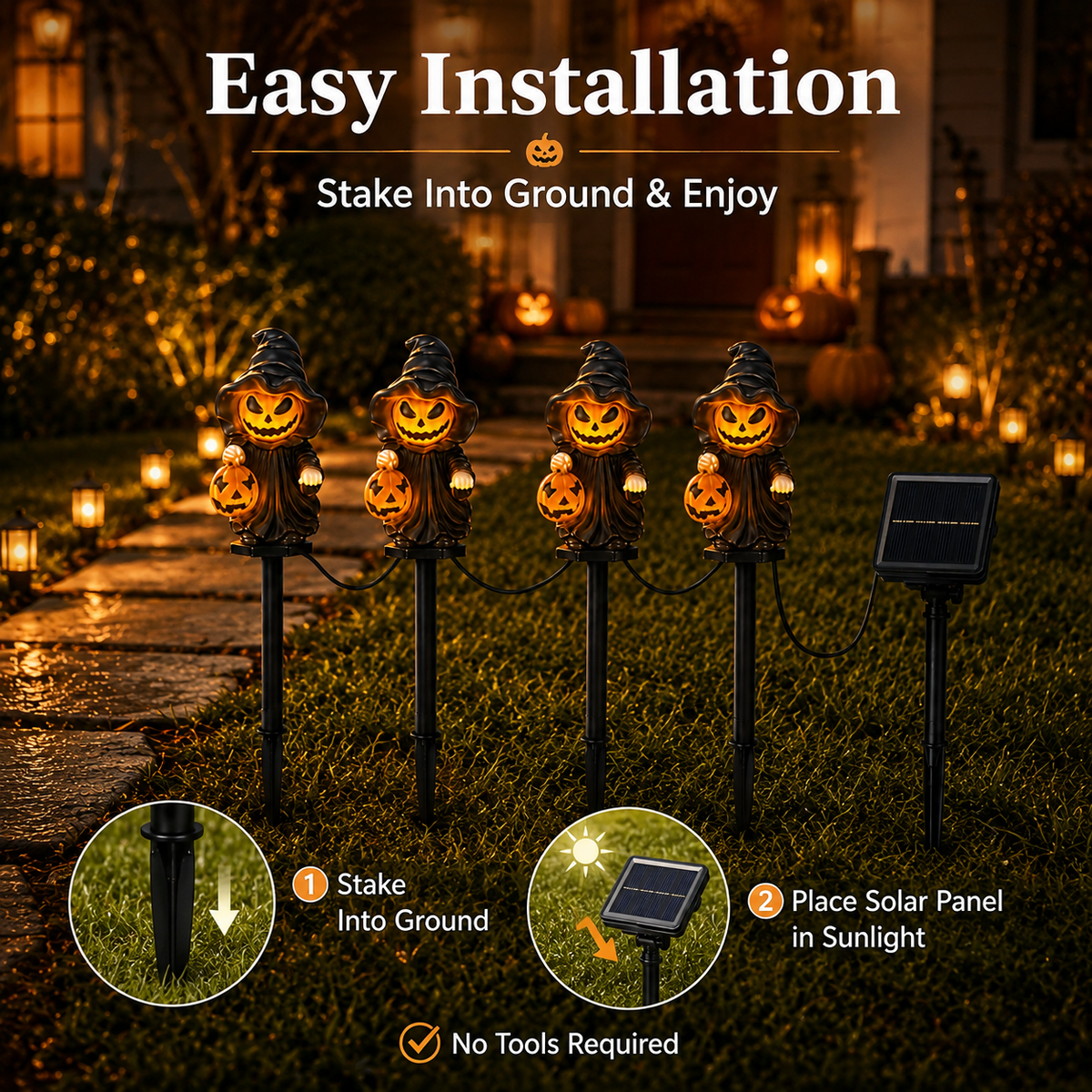 EVEDIOR 4-in-1 Solar Pumpkin Witch Pathway Lights, 4-Pack Connected Halloween Garden Stake Lights for Yard, Lawn & Walkway Decor