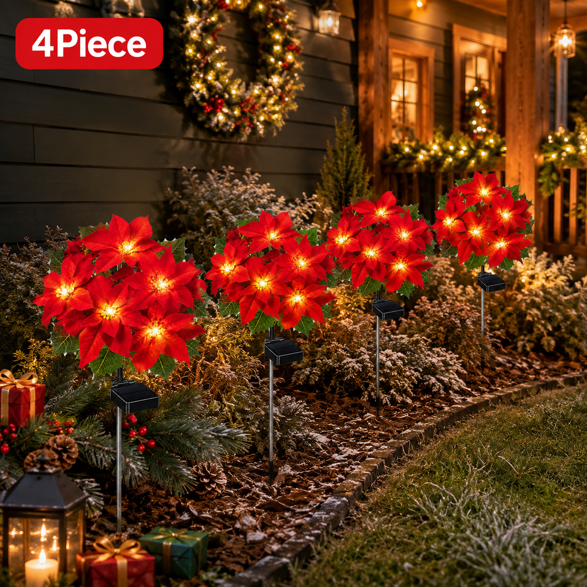 Evedio Solar Poinsettia Garden Lights | Christmas Outdoor Decor Collection (Set of 4)