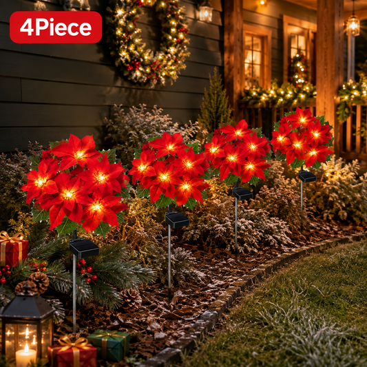 Evedio Solar Poinsettia Garden Lights | Christmas Outdoor Decor Collection (Set of 4)